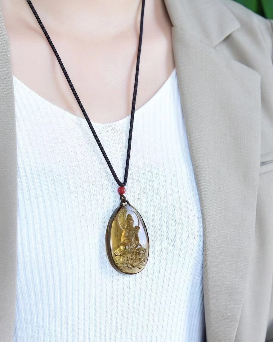 Citrine Hand-Carved Samantabhadra & Elephant Pendant - 6