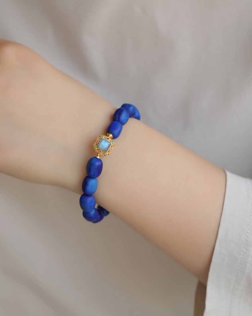 Lapis Lazuli & Silver Inlay Aquamarine Hand Chain - 2