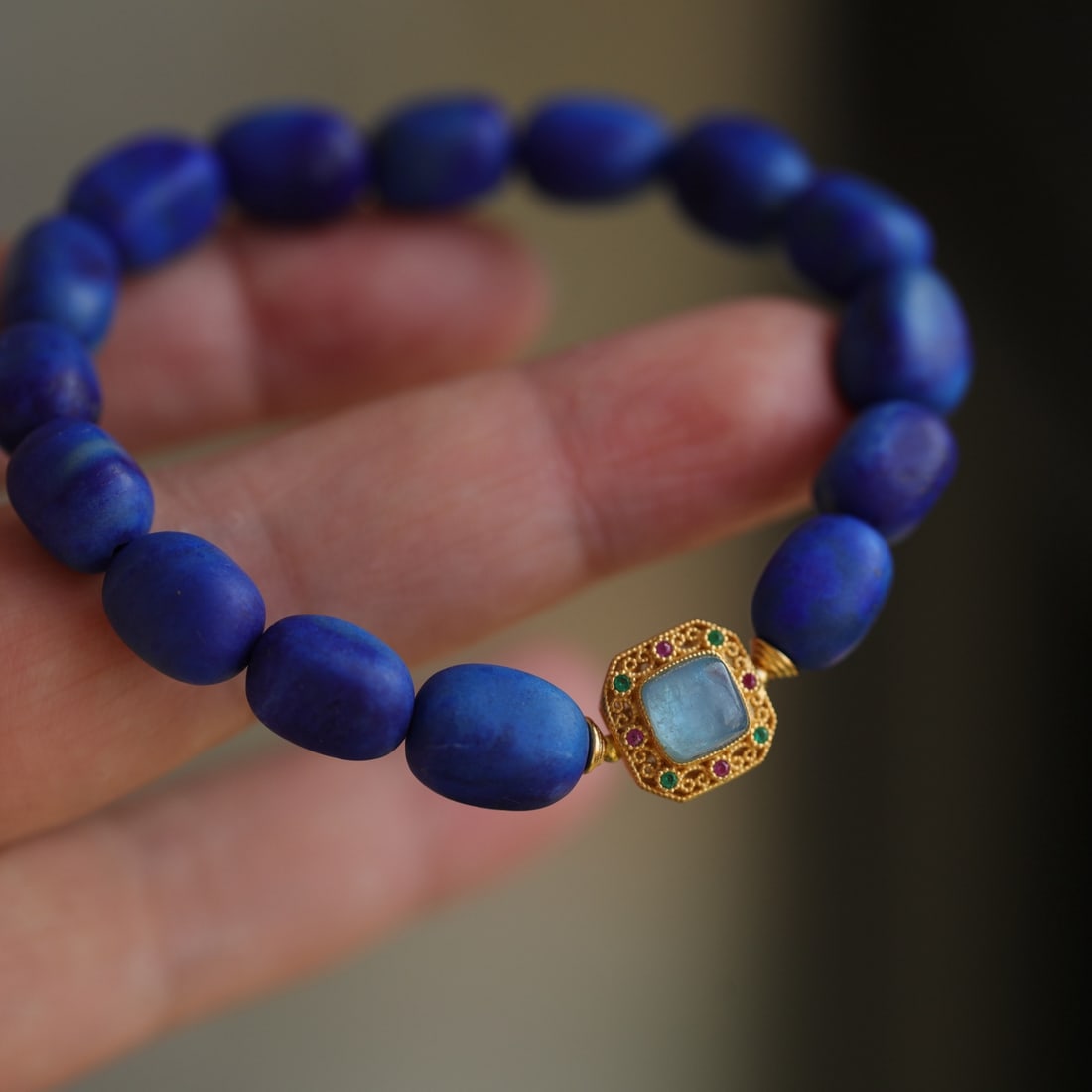 Lapis Lazuli & Silver Inlay Aquamarine Hand Chain - 5