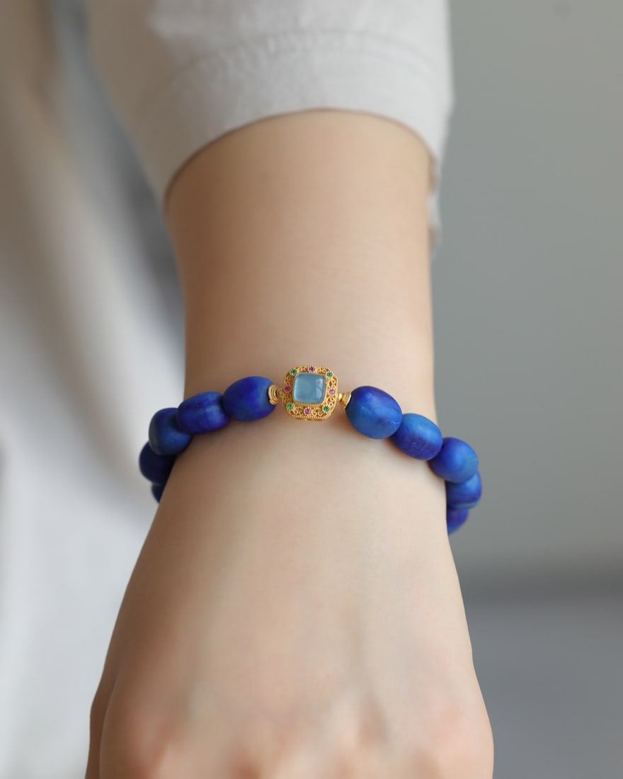 Lapis Lazuli & Silver Inlay Aquamarine Hand Chain - 6