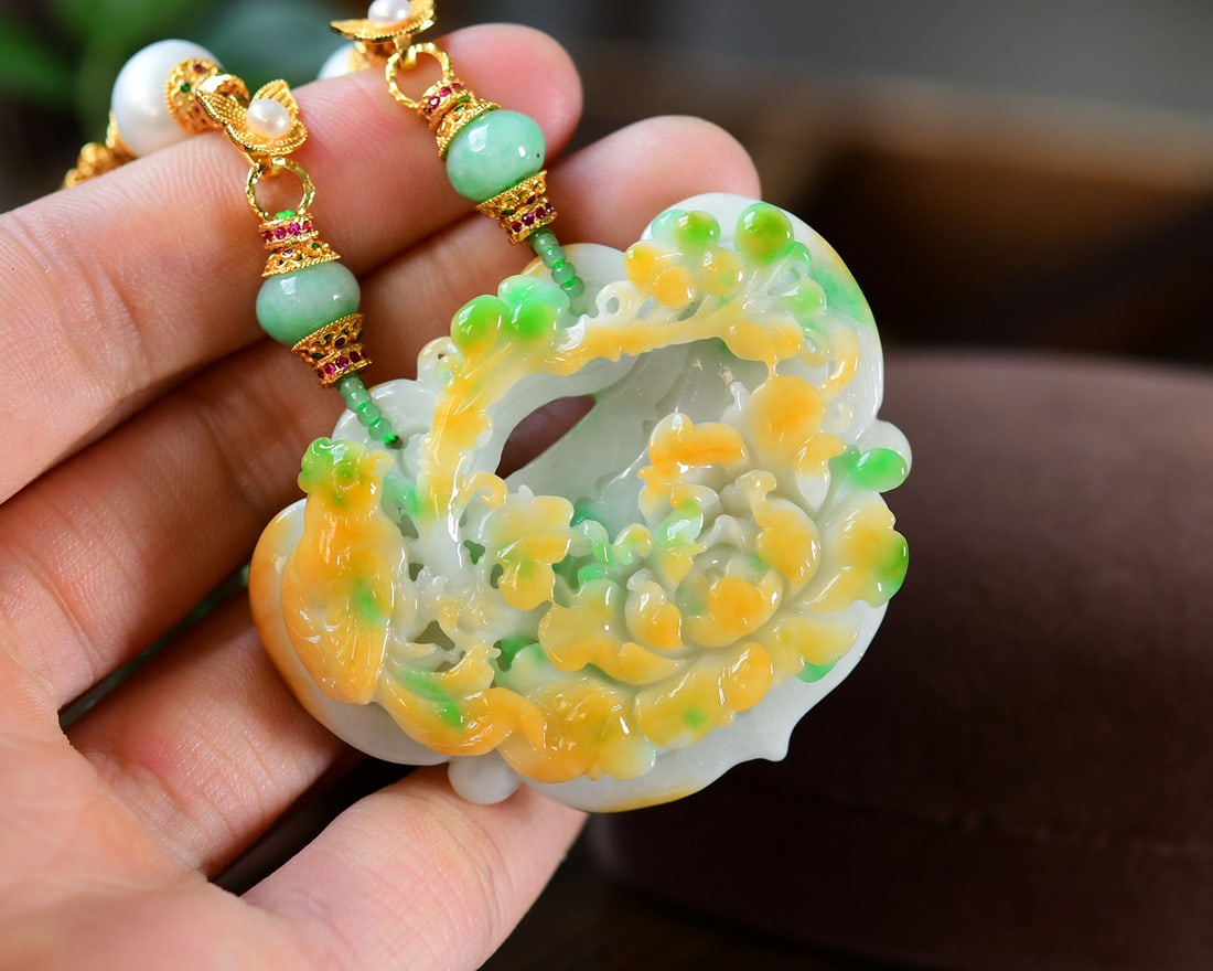 Yellow Green Jadeite Hand-carved Flower Bird Pendant w Certificate - 2