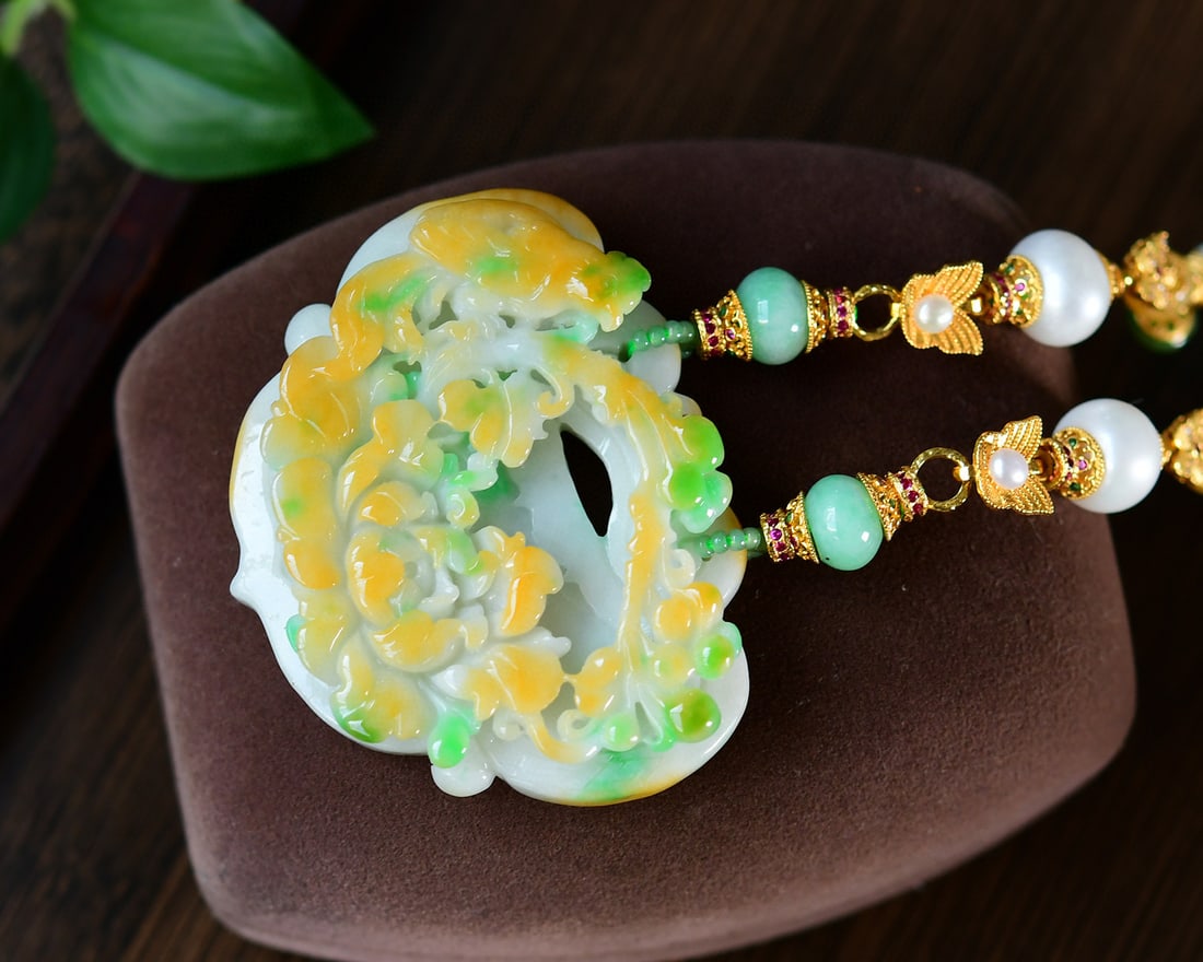 Yellow Green Jadeite Hand-carved Flower Bird Pendant w Certificate - 3