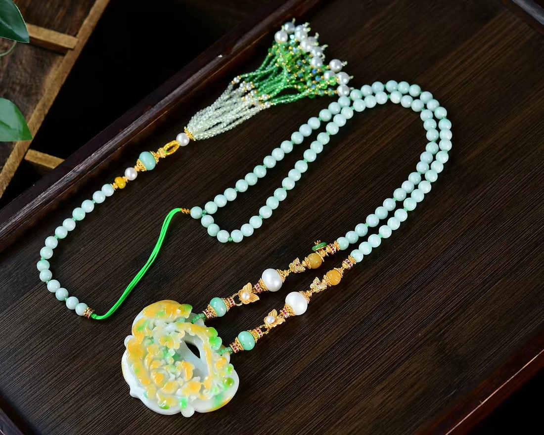 Yellow Green Jadeite Hand-carved Flower Bird Pendant w Certificate - 4