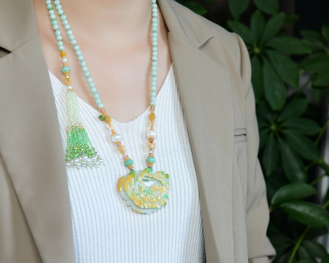 Yellow Green Jadeite Hand-carved Flower Bird Pendant w Certificate - 6