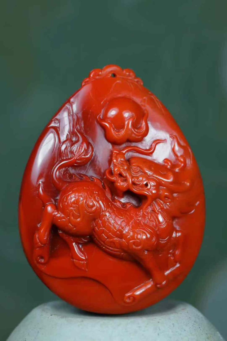 Nanhong Agate Hand-Carved Kylin Pendant with Certificate - 4