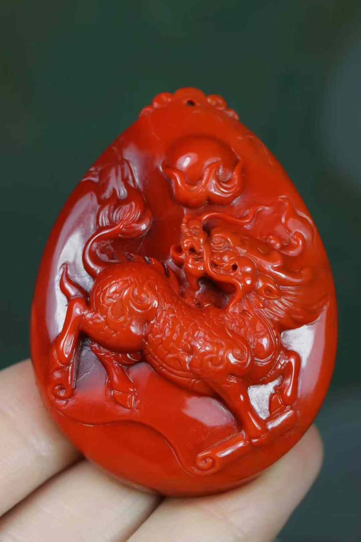 Nanhong Agate Hand-Carved Kylin Pendant with Certificate - 6