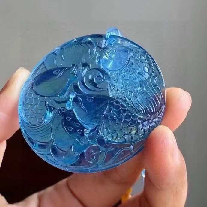 Natural Aquamarine Hand-Carved Fish & Lotus Pendant with Certificate - 2