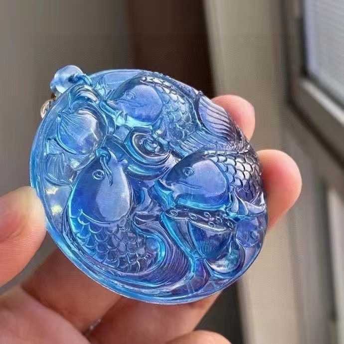 Natural Aquamarine Hand-Carved Fish & Lotus Pendant with Certificate - 3