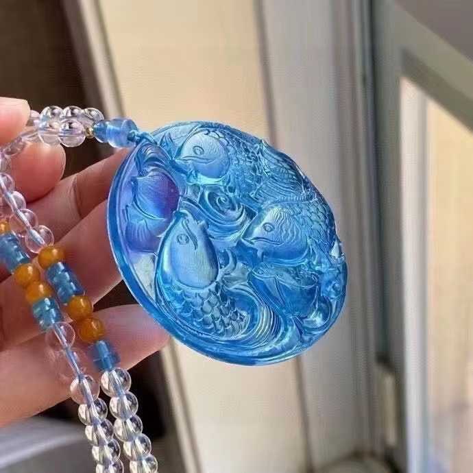 Natural Aquamarine Hand-Carved Fish & Lotus Pendant with Certificate - 4