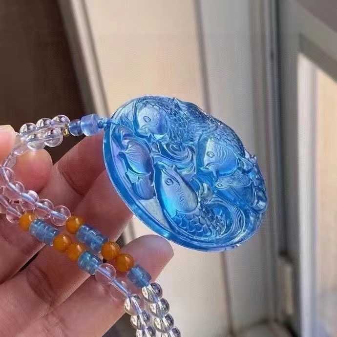 Natural Aquamarine Hand-Carved Fish & Lotus Pendant with Certificate - 5