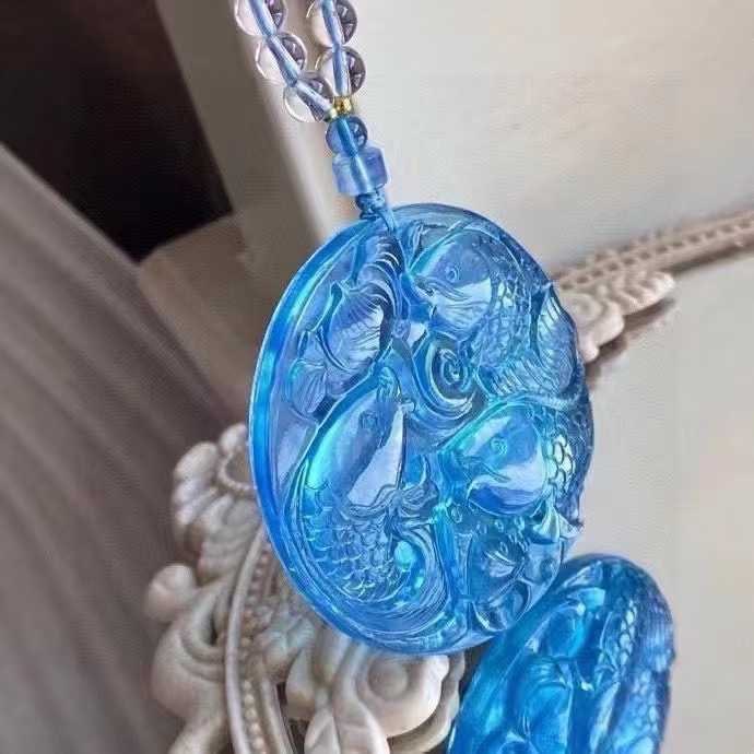 Natural Aquamarine Hand-Carved Fish & Lotus Pendant with Certificate - 6