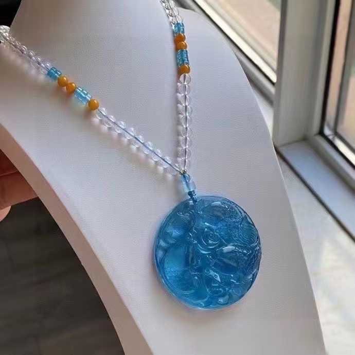 Natural Aquamarine Hand-Carved Fish & Lotus Pendant with Certificate - 7