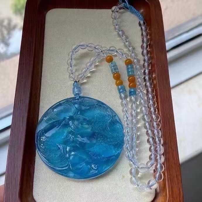 Natural Aquamarine Hand-Carved Fish & Lotus Pendant with Certificate - 8