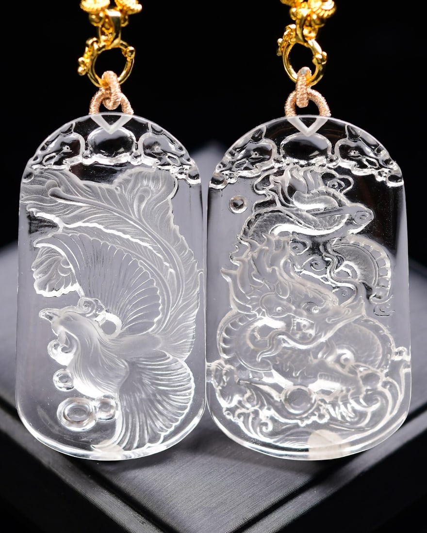 A Pair White Crystal Pendant - Dragon Phoenix - 2