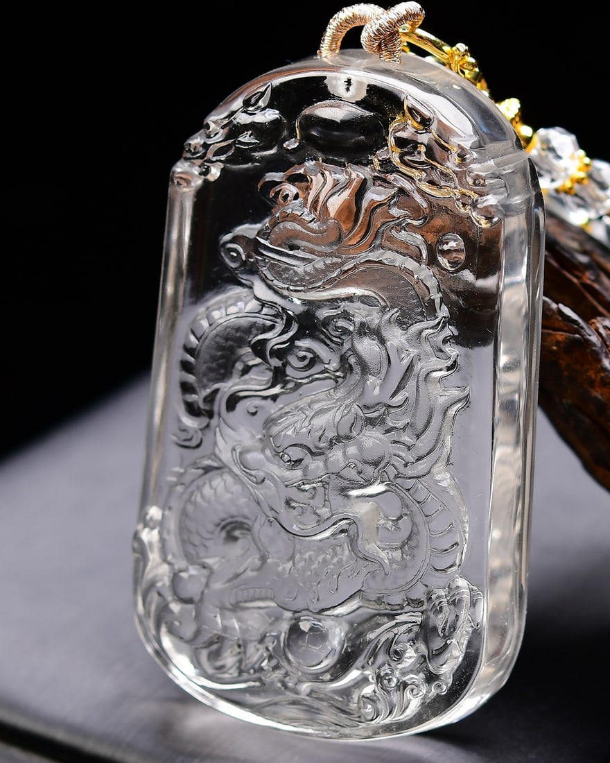 A Pair White Crystal Pendant - Dragon Phoenix - 4