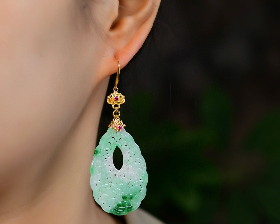 A Pair S925 Silver Inlay Jadeite Earrings - 7