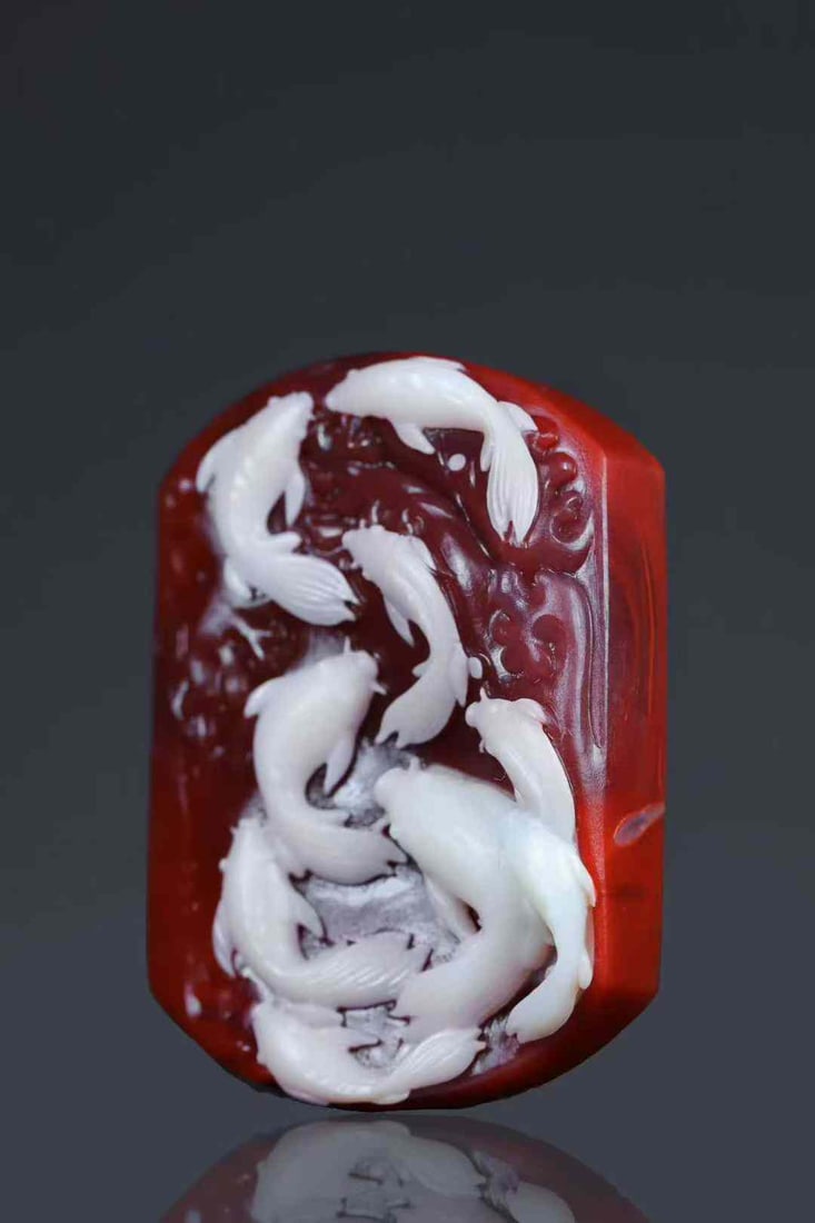 Natural Nanhong Agate Hand-Carved Fish Pendant w Certificate - 3