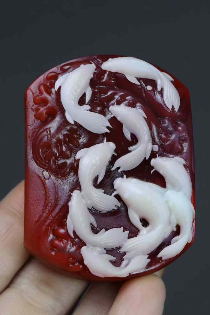 Natural Nanhong Agate Hand-Carved Fish Pendant w Certificate - 5