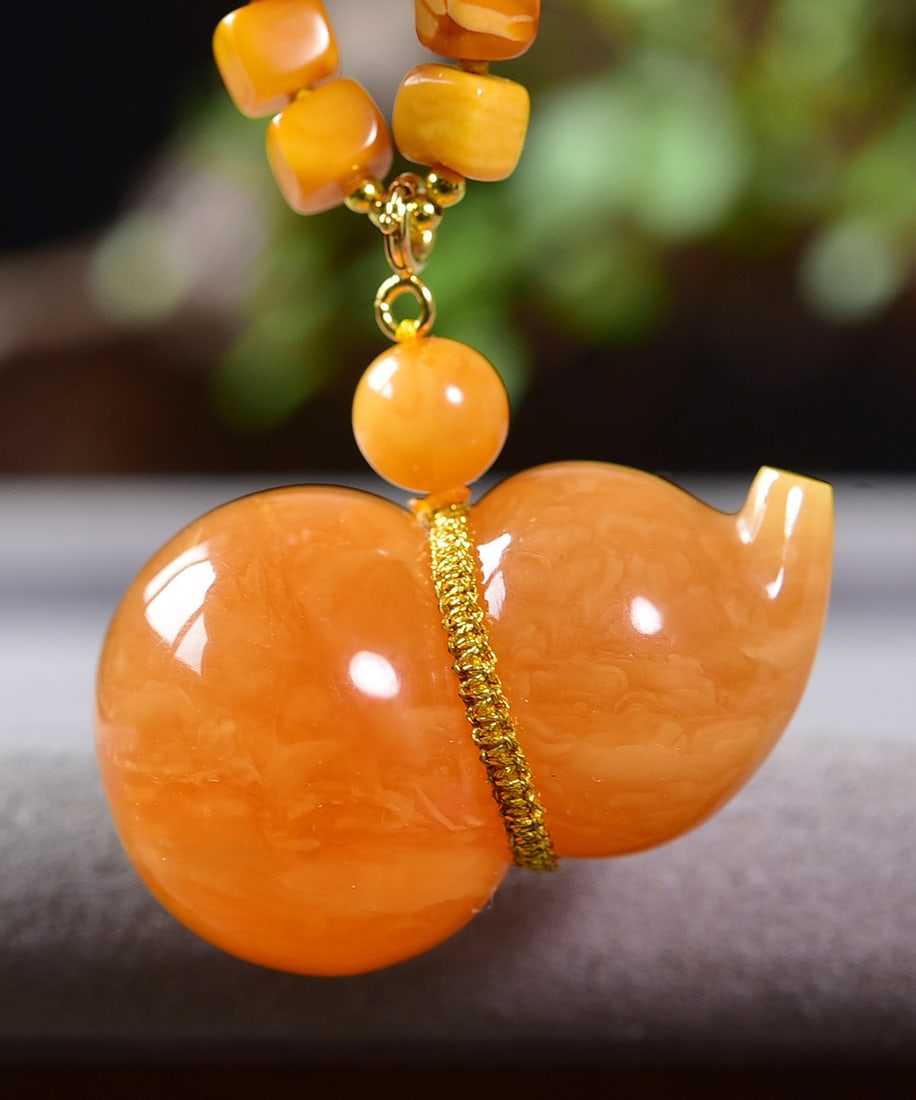 Yellow Beeswax Gourd Pendant w Hand knitting Necklace - 6