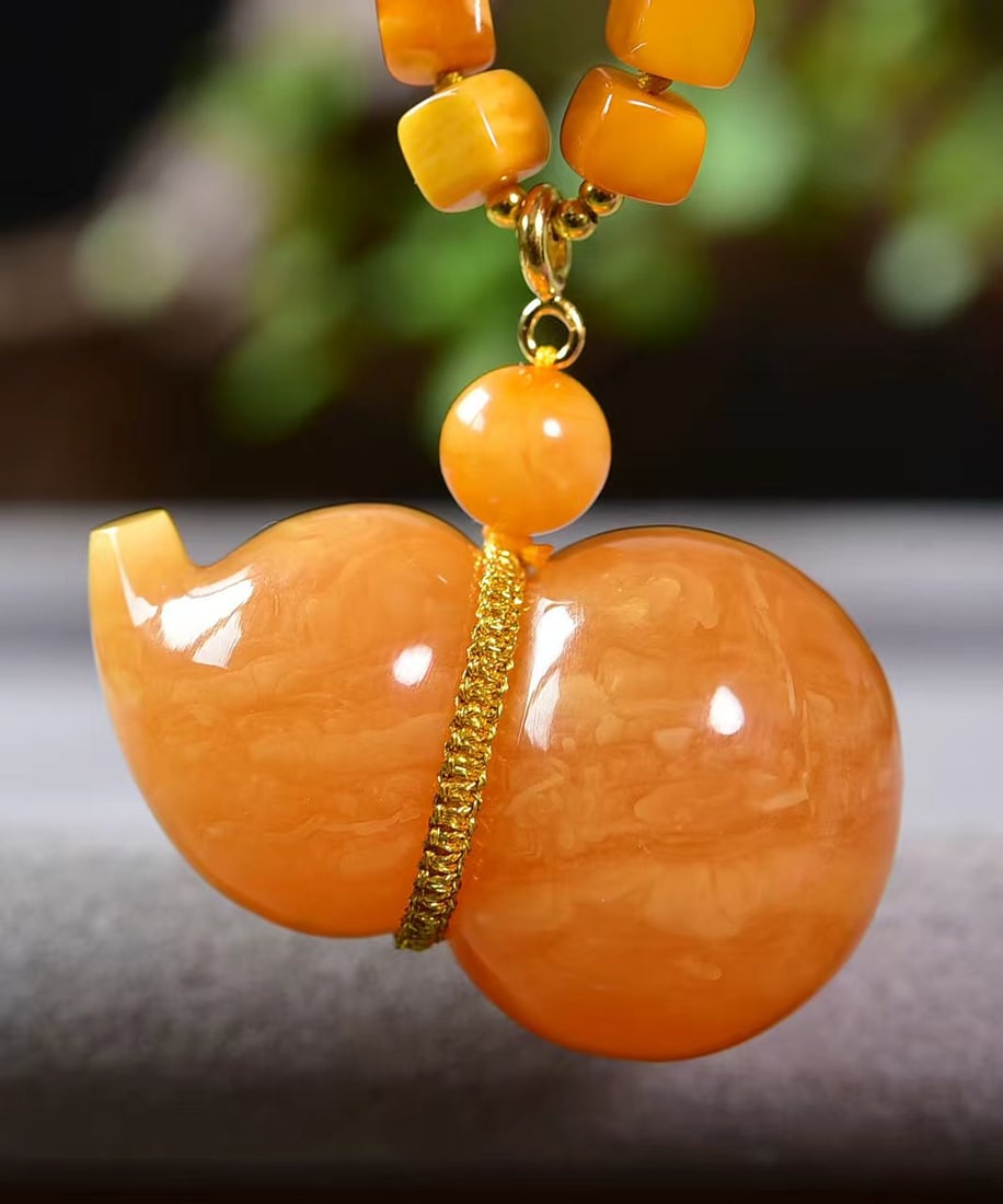 Yellow Beeswax Gourd Pendant w Hand knitting Necklace - 7
