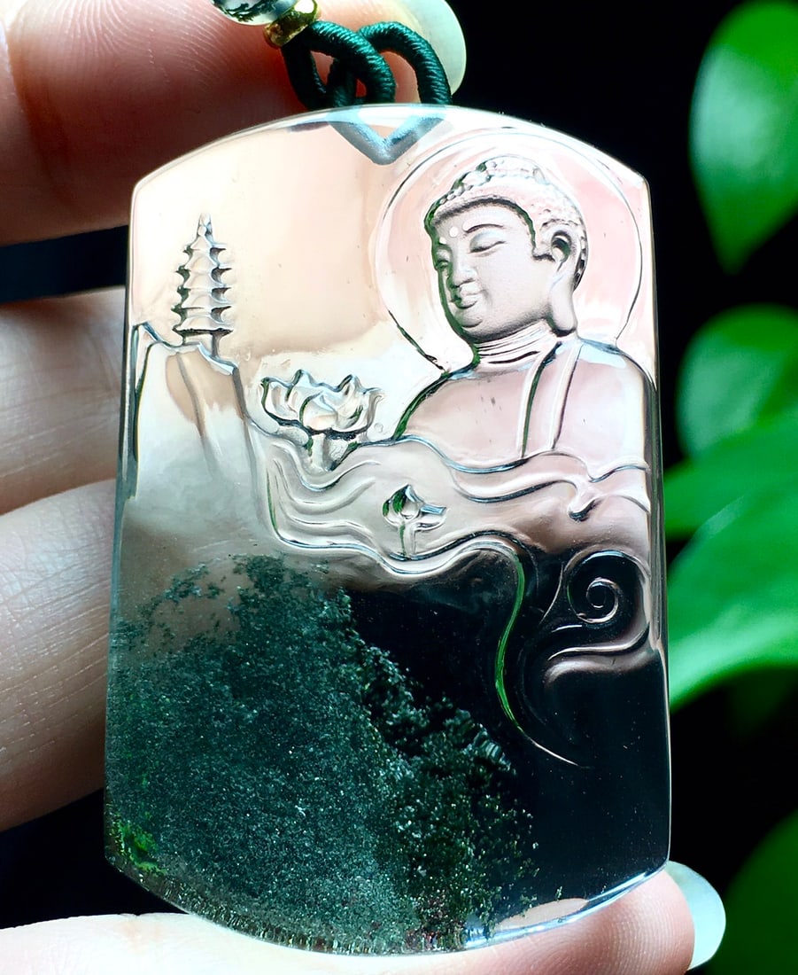 Green Crystal Hand-Carved Buddha Pendant w Certificate - 2
