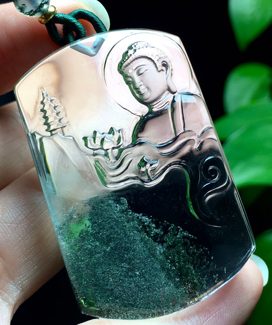 Green Crystal Hand-Carved Buddha Pendant w Certificate - 5