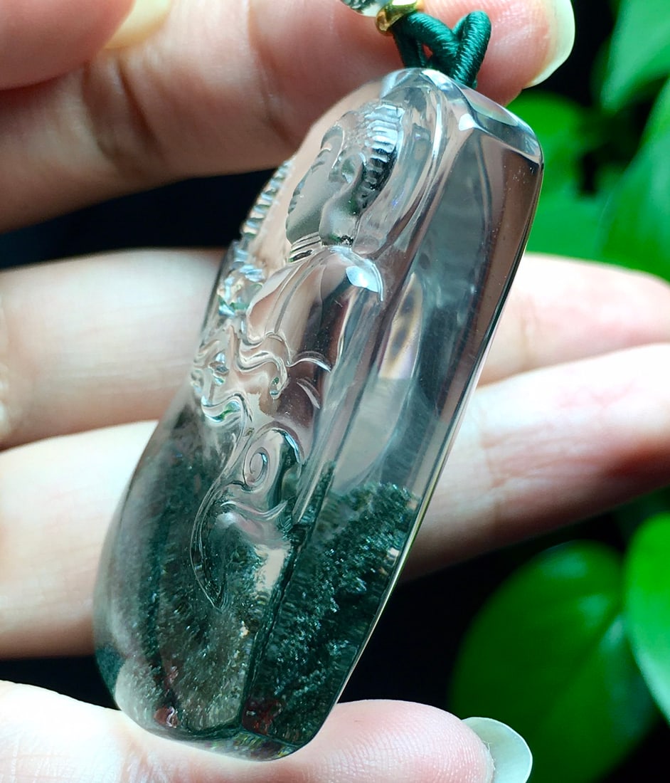 Green Crystal Hand-Carved Buddha Pendant w Certificate - 7