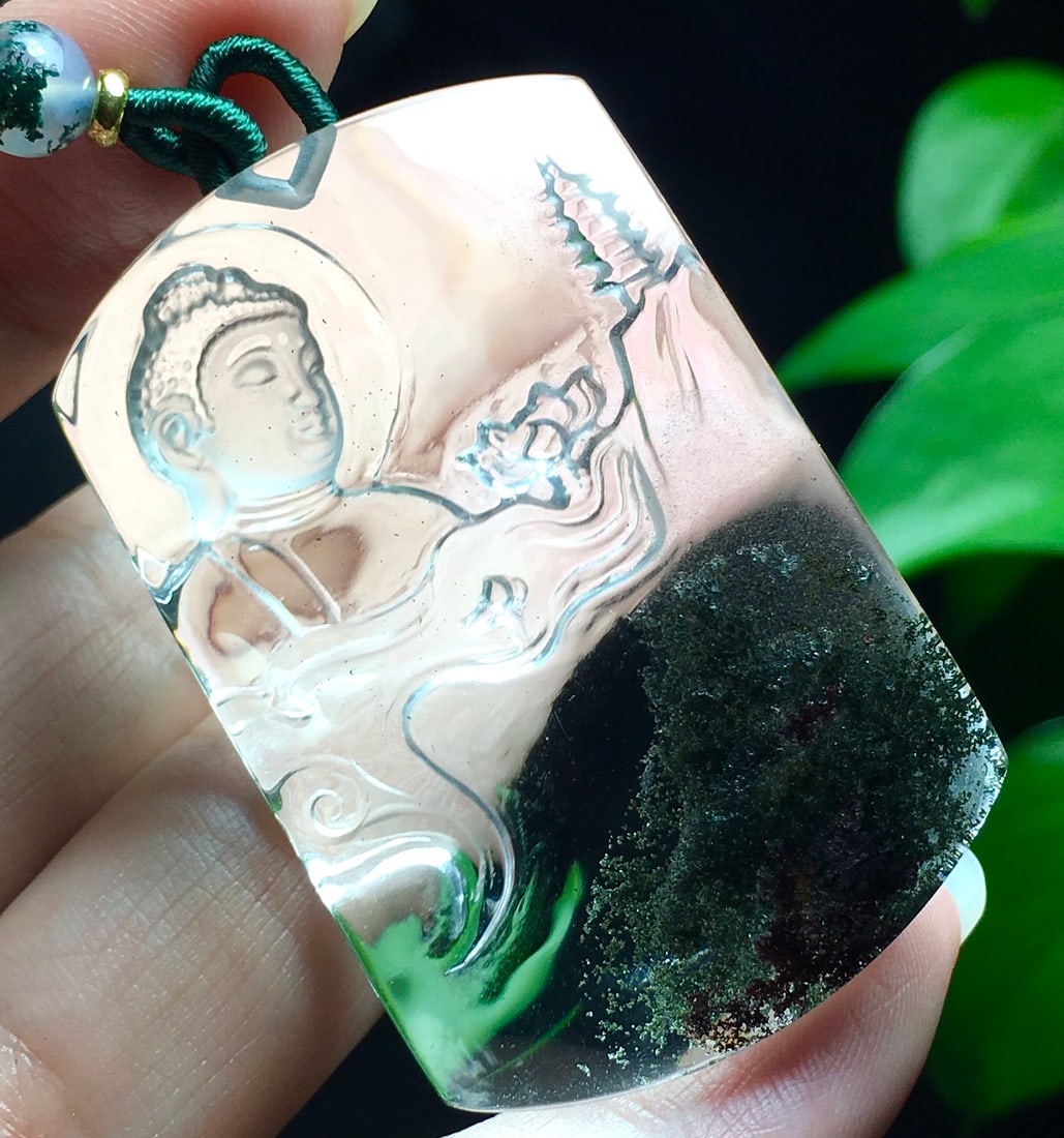 Green Crystal Hand-Carved Buddha Pendant w Certificate - 9