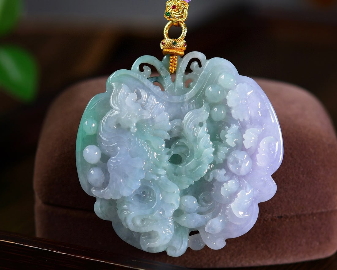 A Set Purple Green Jadeite Dragon Bracelet Bangle & Phoenix Pendant - 2