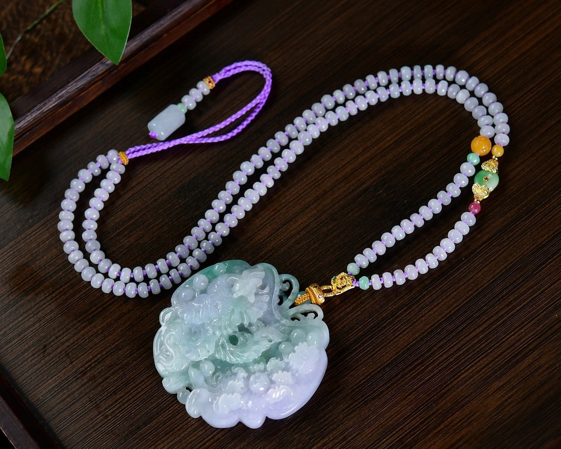 A Set Purple Green Jadeite Dragon Bracelet Bangle & Phoenix Pendant - 3