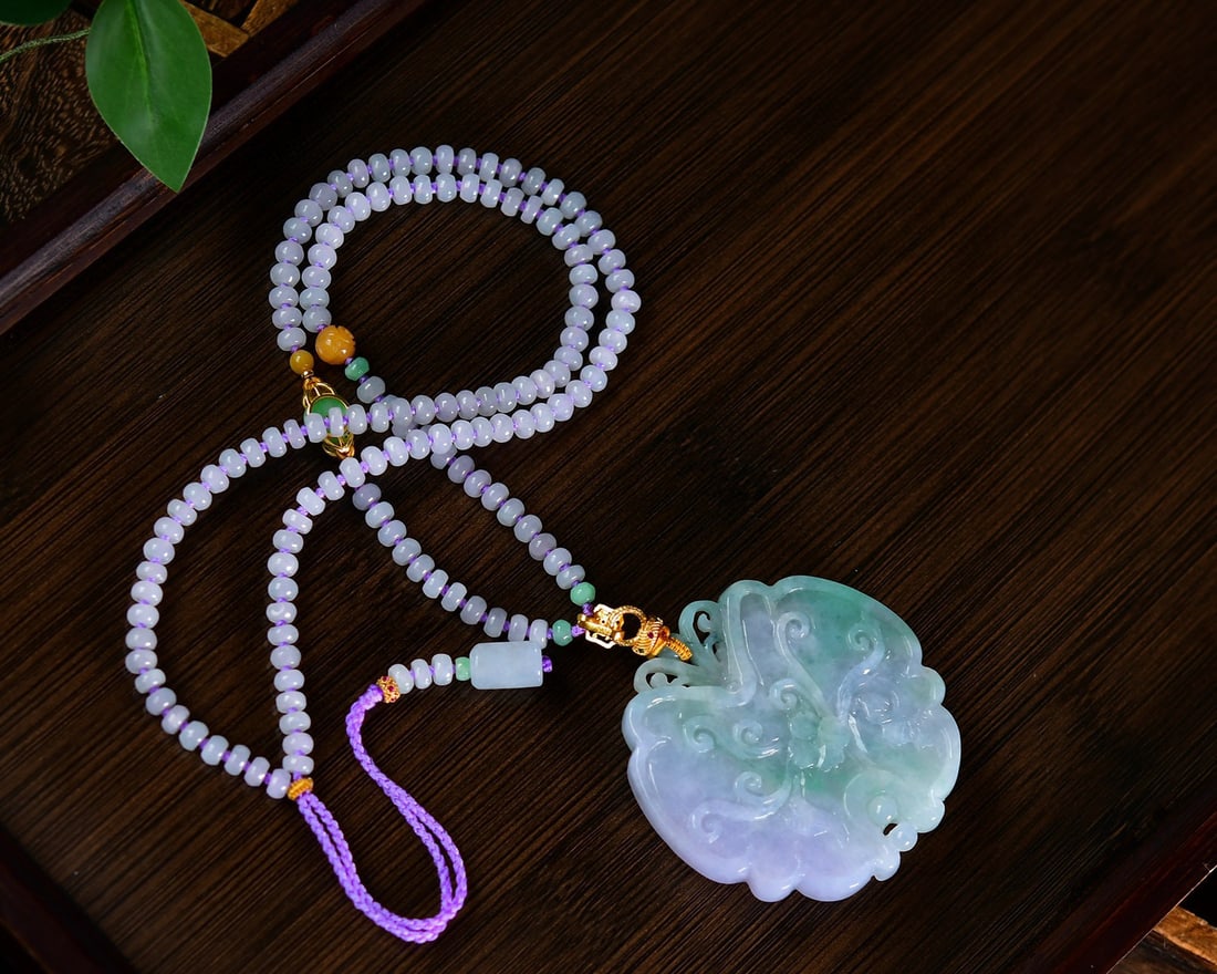 A Set Purple Green Jadeite Dragon Bracelet Bangle & Phoenix Pendant - 4