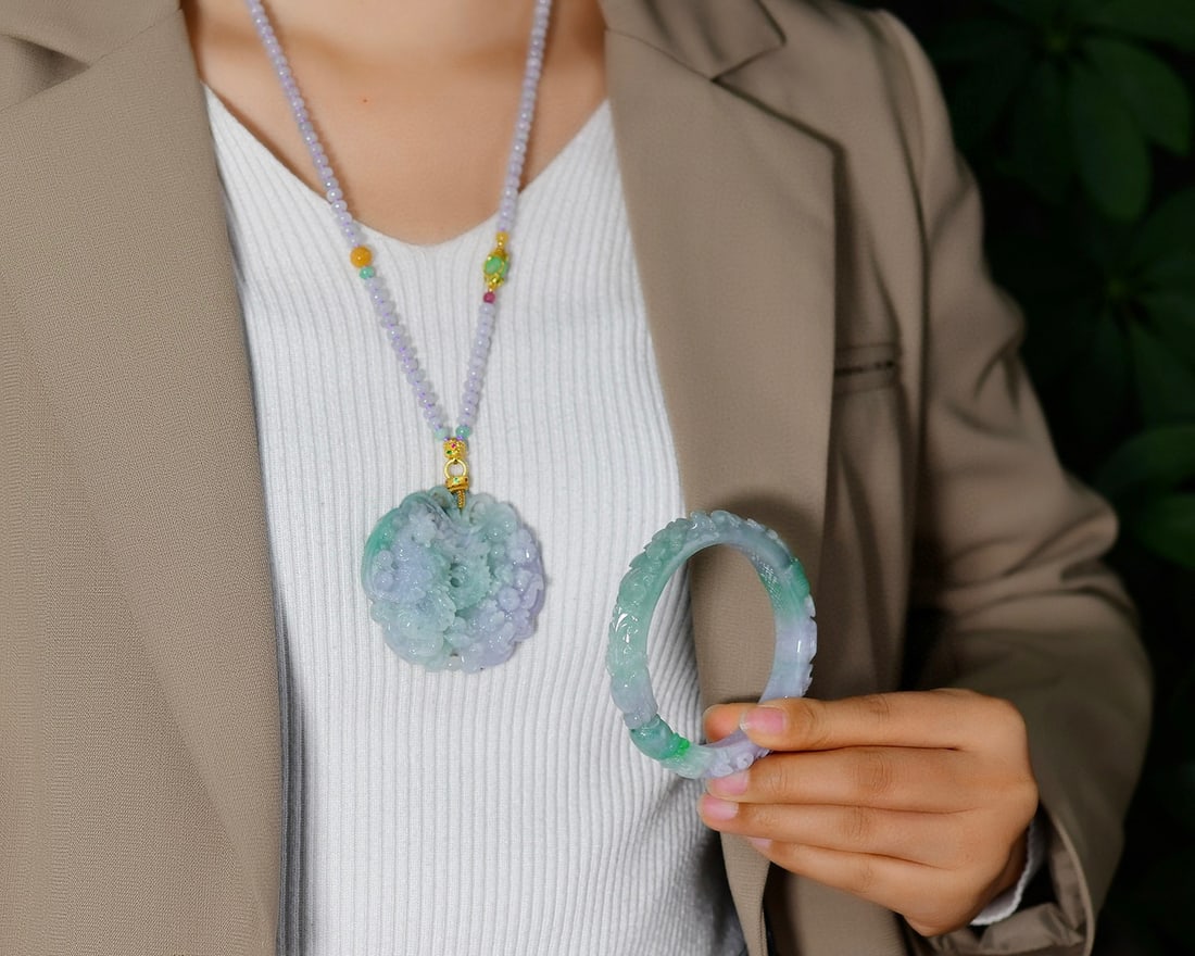A Set Purple Green Jadeite Dragon Bracelet Bangle & Phoenix Pendant - 5