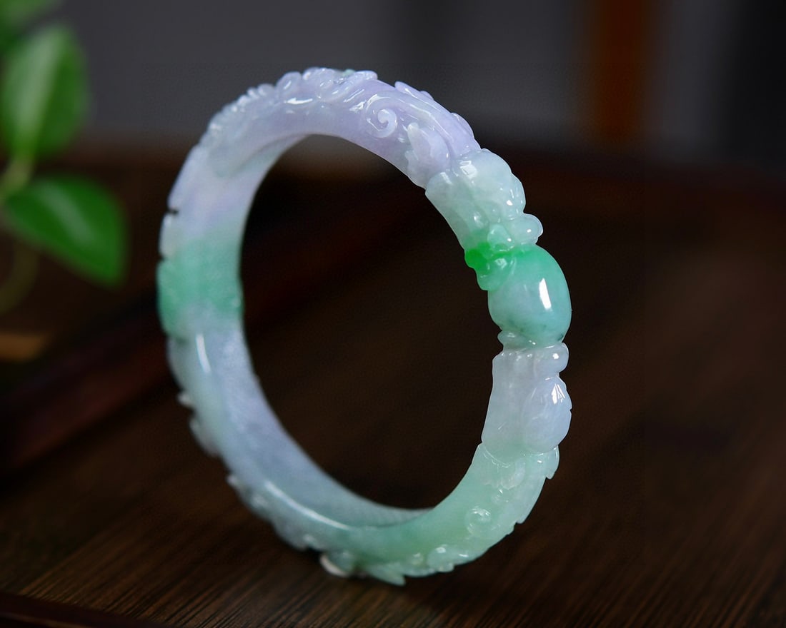 A Set Purple Green Jadeite Dragon Bracelet Bangle & Phoenix Pendant - 7