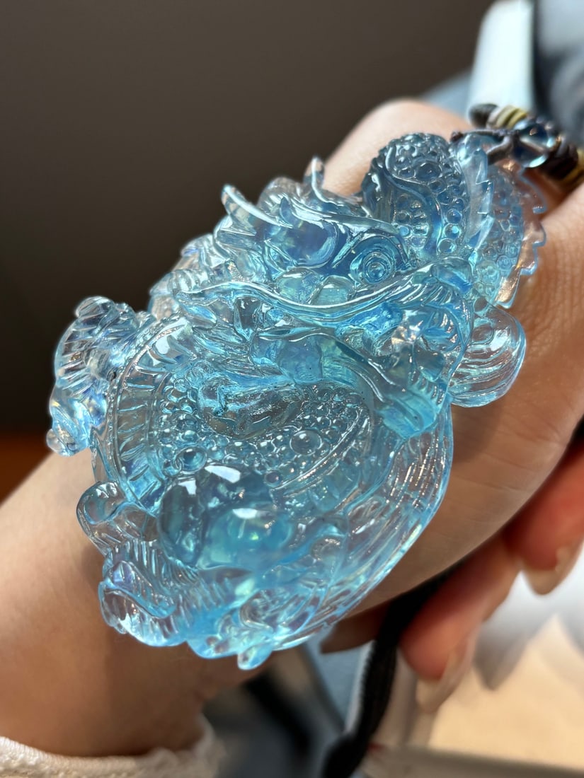 Aquamarine Hand-carved Dragon Pendant w Certificate - 2