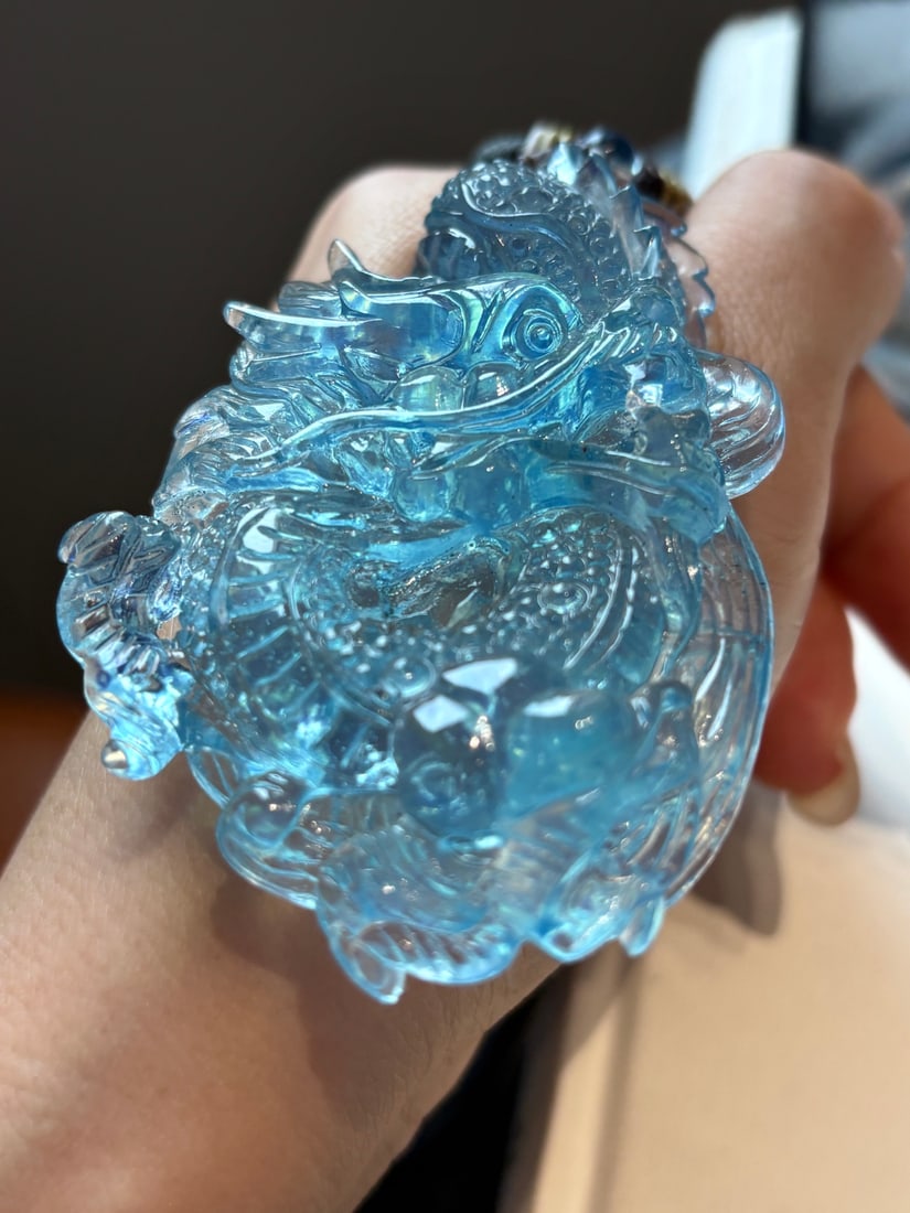 Aquamarine Hand-carved Dragon Pendant w Certificate - 3