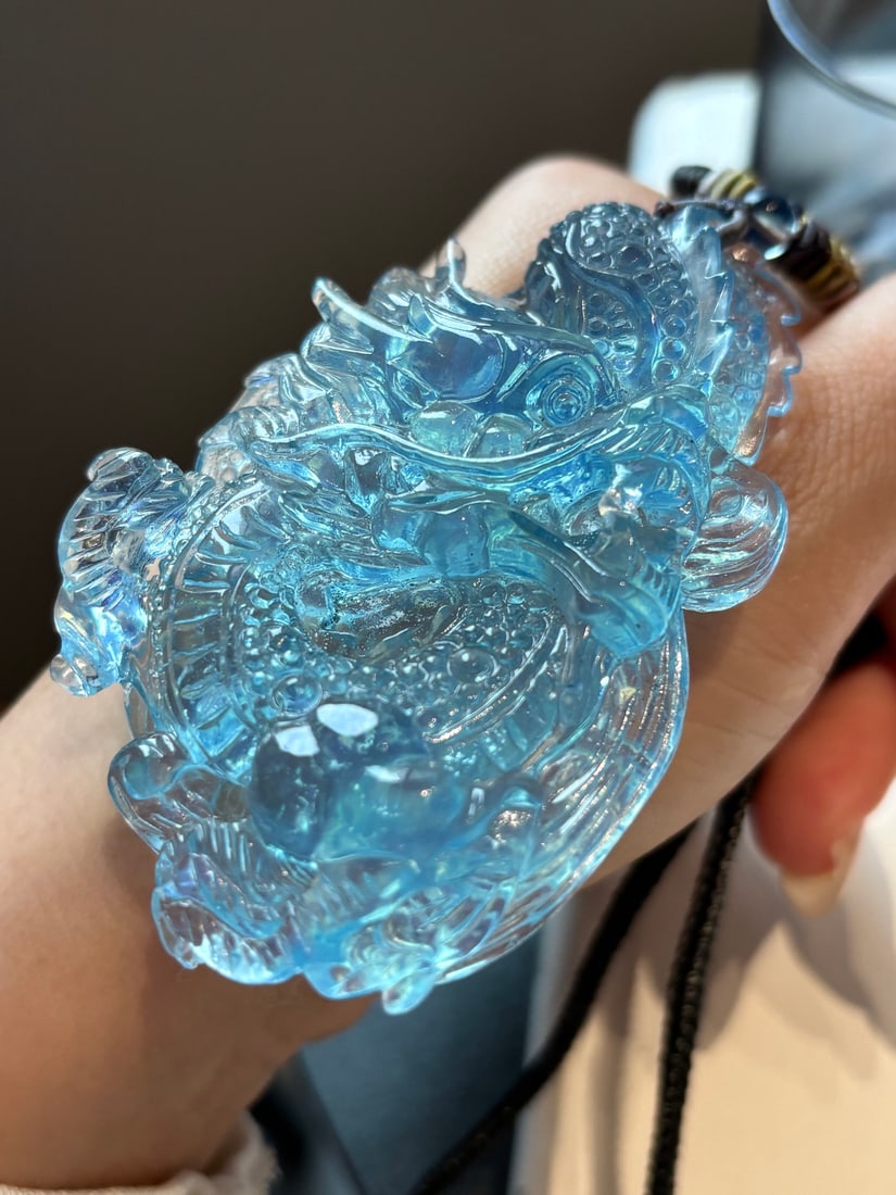 Aquamarine Hand-carved Dragon Pendant w Certificate - 4
