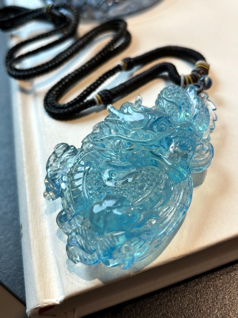 Aquamarine Hand-carved Dragon Pendant w Certificate - 6