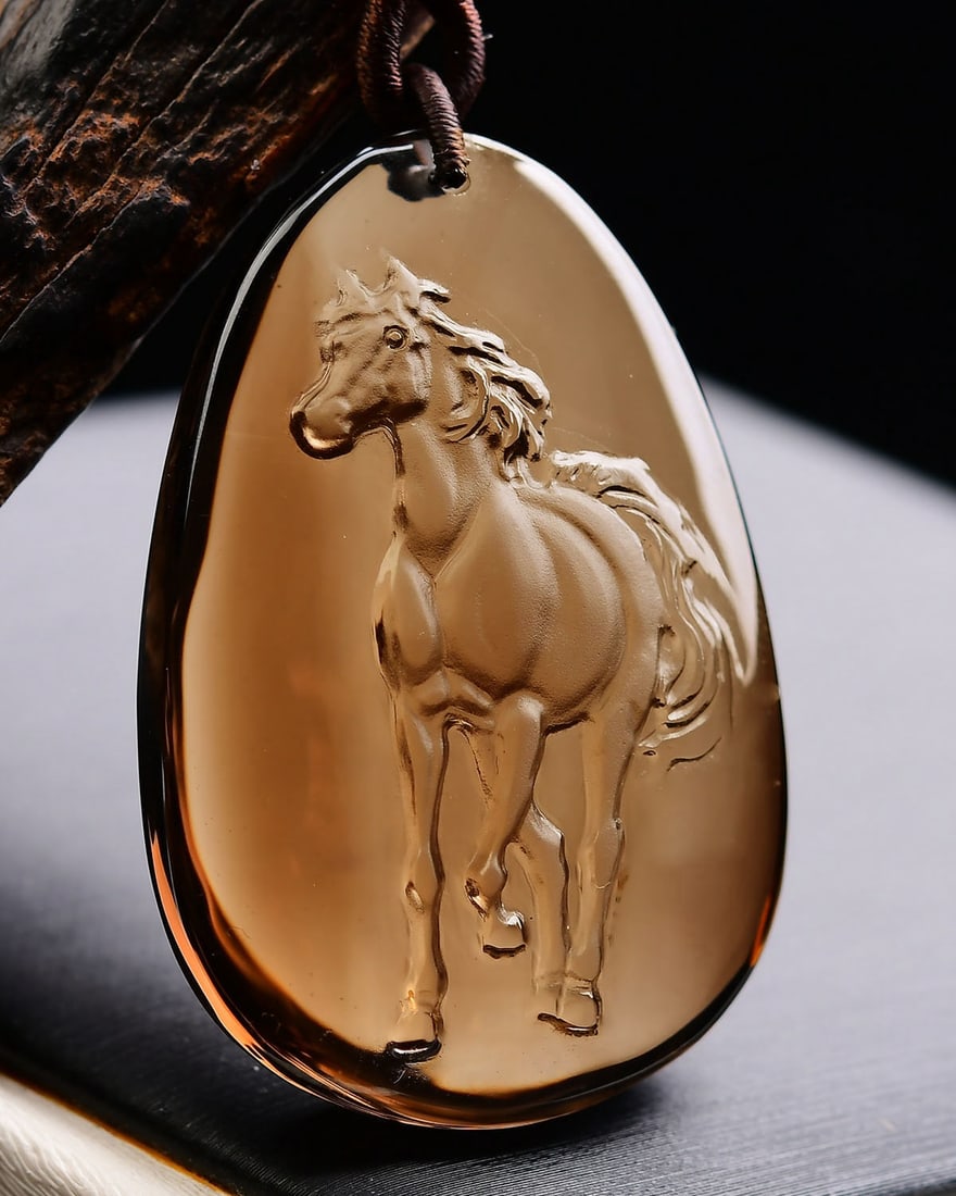 Citrine Hand-Carved Horse Pendant w Certificate - 2