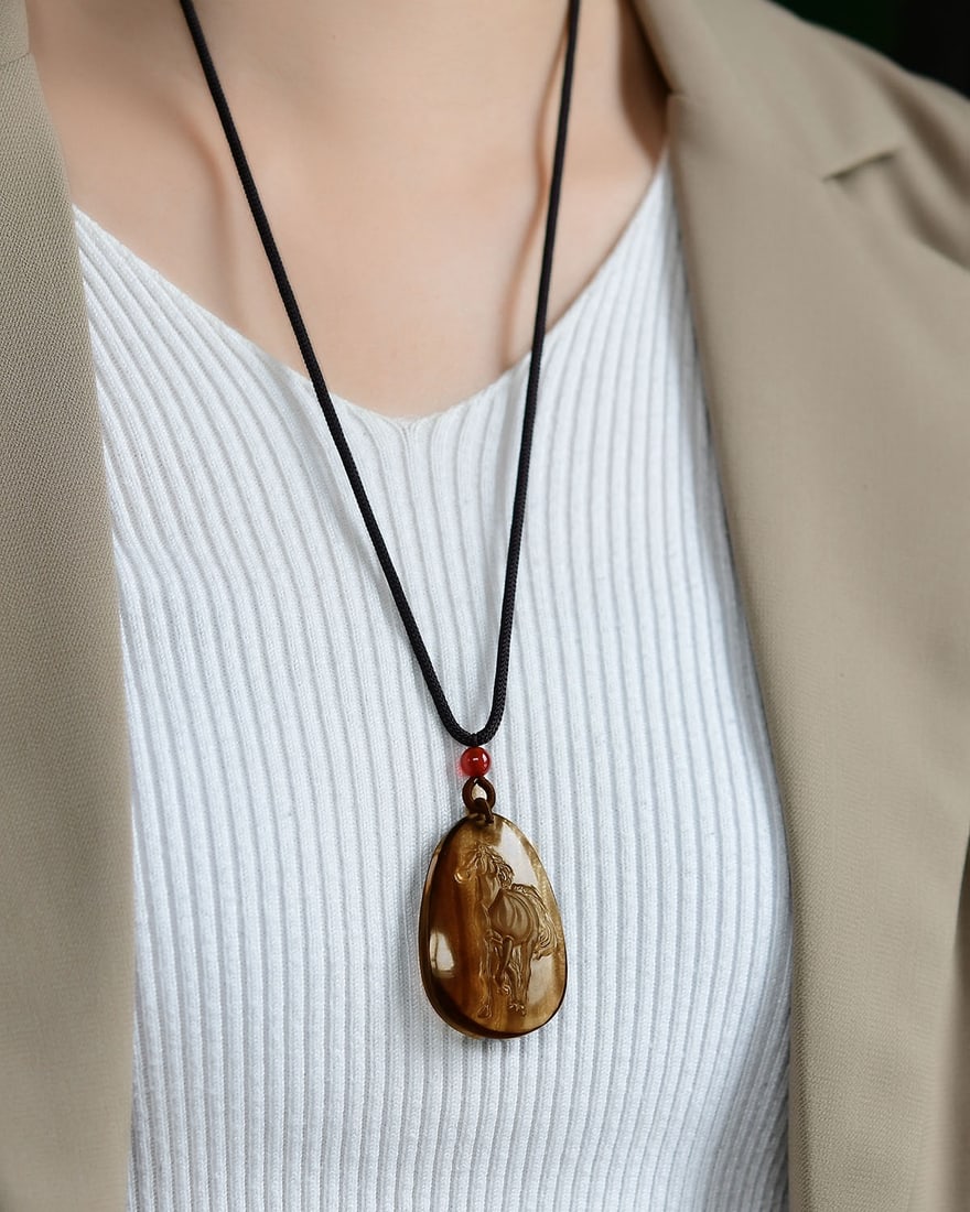 Citrine Hand-Carved Horse Pendant w Certificate - 5