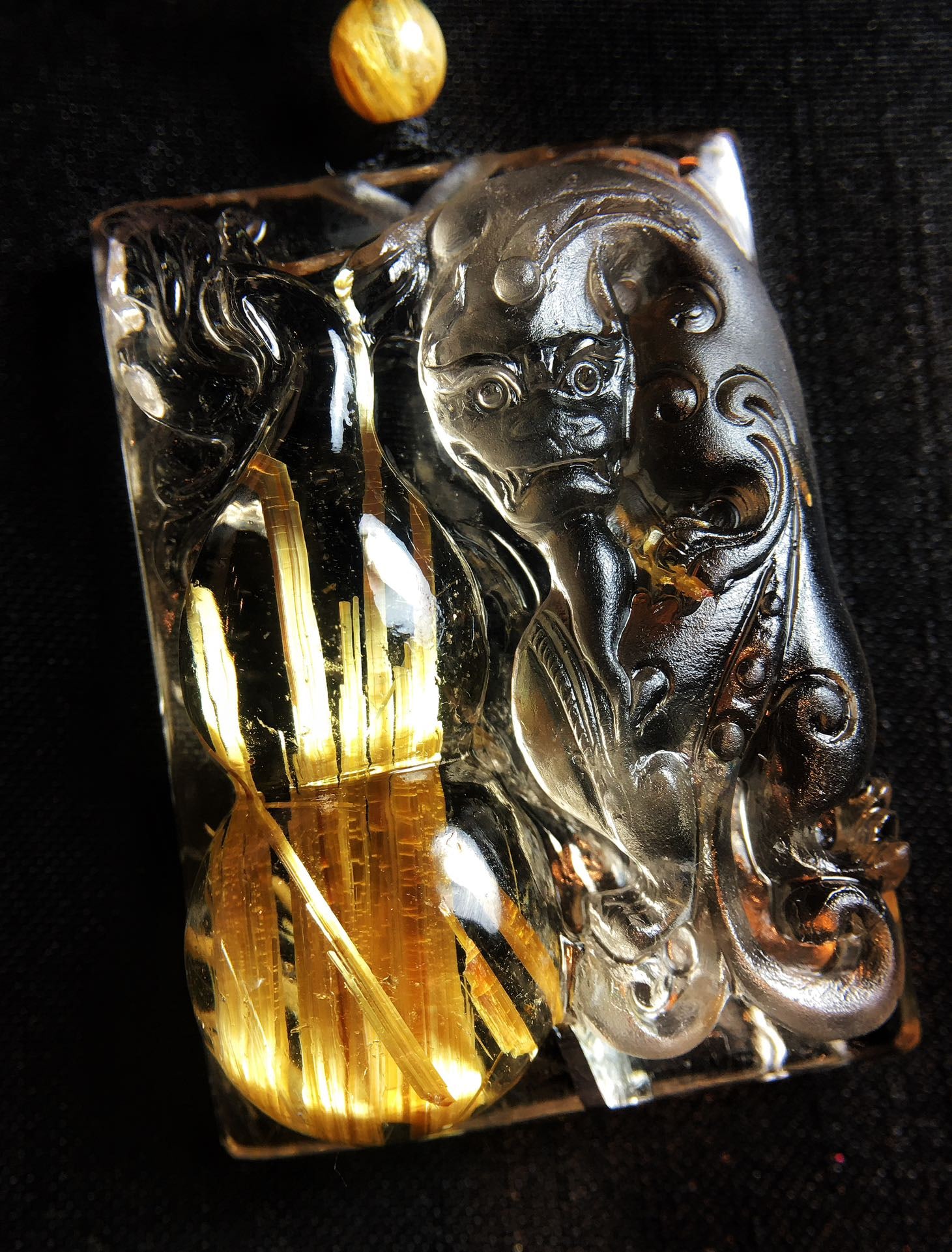 Rutilated Quartz Hand-Carved Chi Dragon Pendant with Certificate - 2