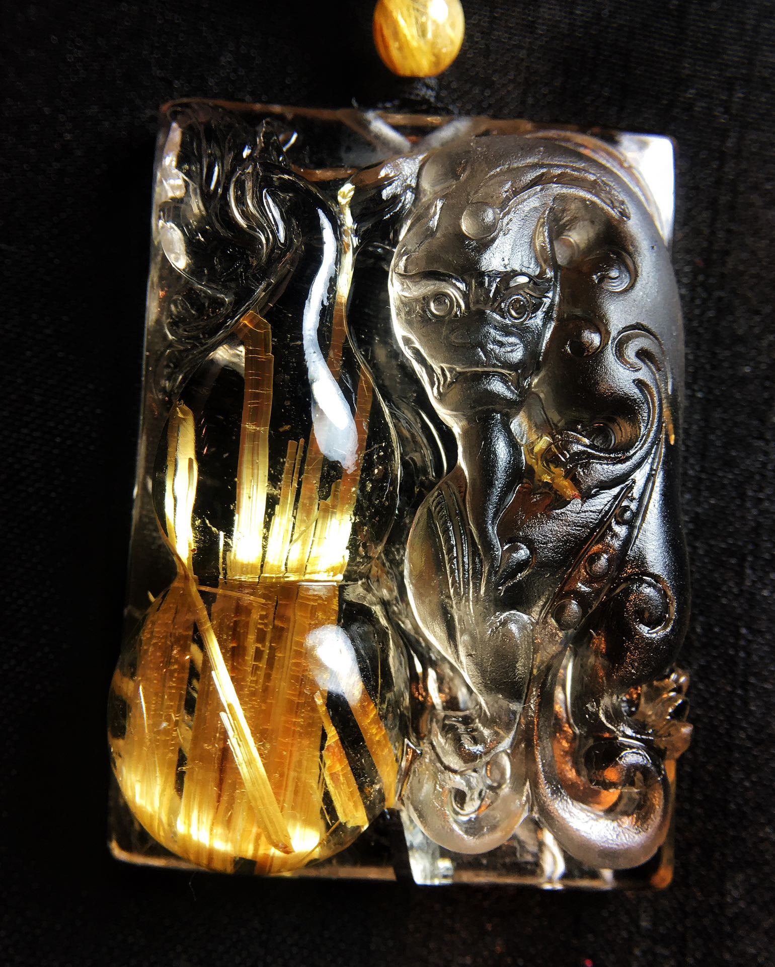 Rutilated Quartz Hand-Carved Chi Dragon Pendant with Certificate - 3