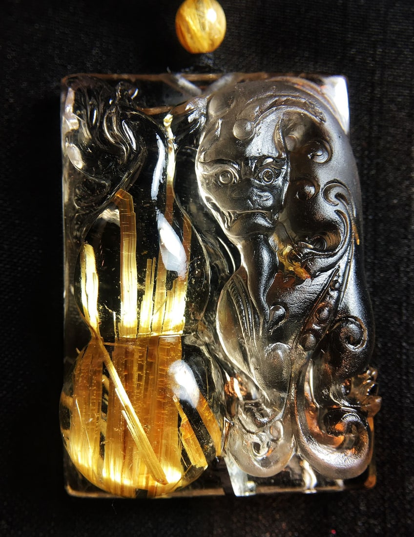 Rutilated Quartz Hand-Carved Chi Dragon Pendant with Certificate - 4