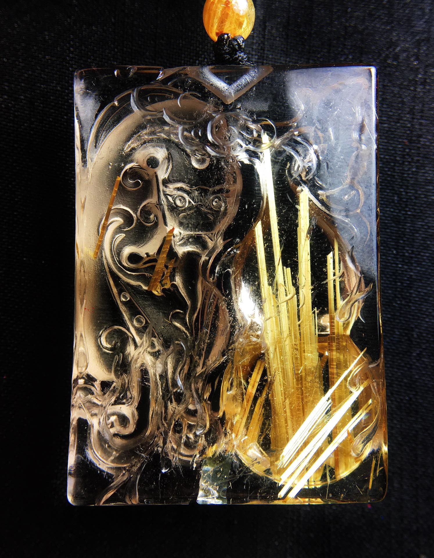 Rutilated Quartz Hand-Carved Chi Dragon Pendant with Certificate - 5