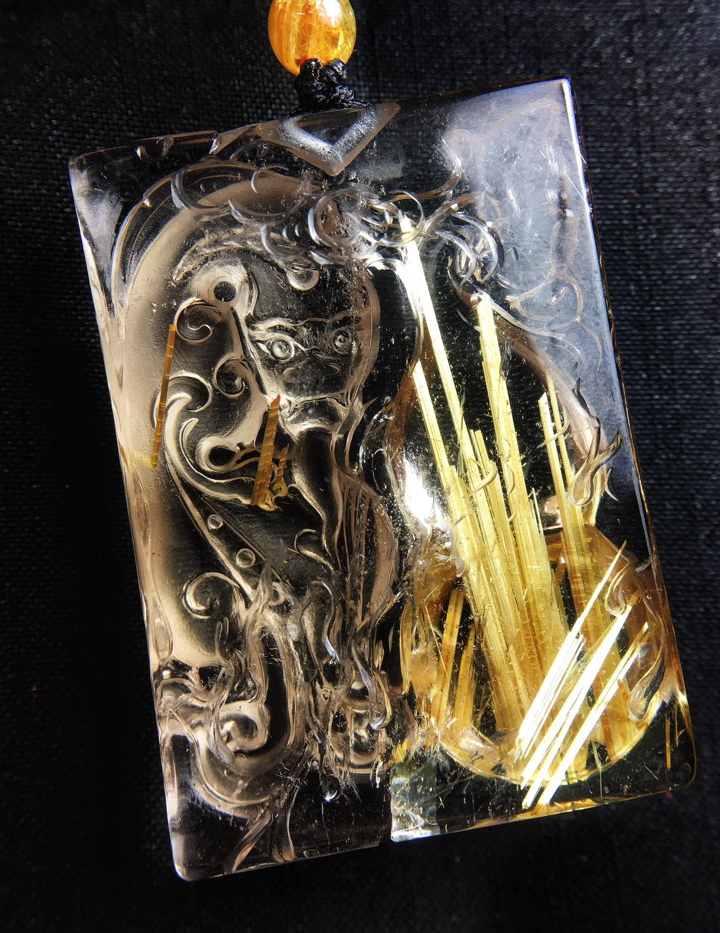 Rutilated Quartz Hand-Carved Chi Dragon Pendant with Certificate - 6