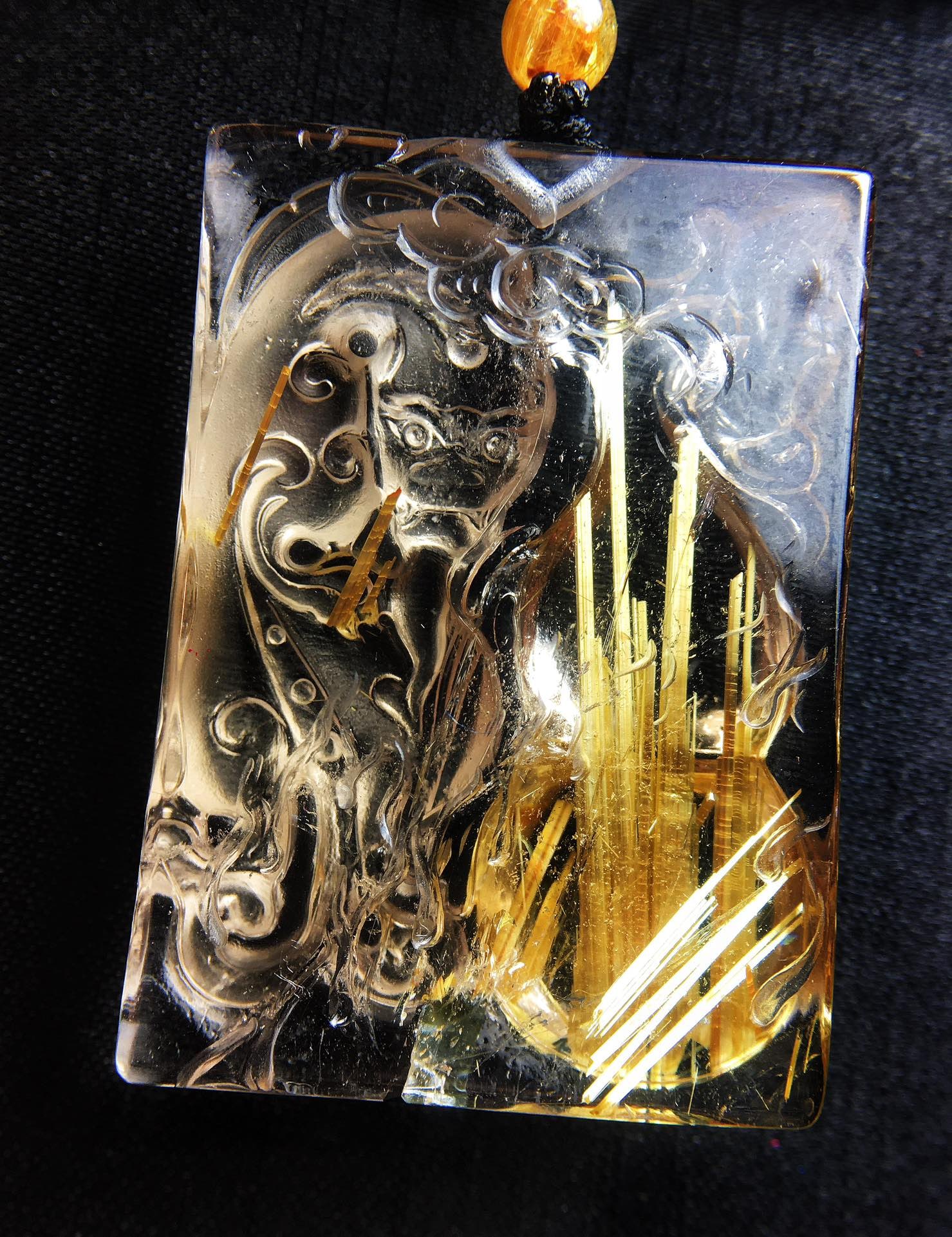 Rutilated Quartz Hand-Carved Chi Dragon Pendant with Certificate - 7