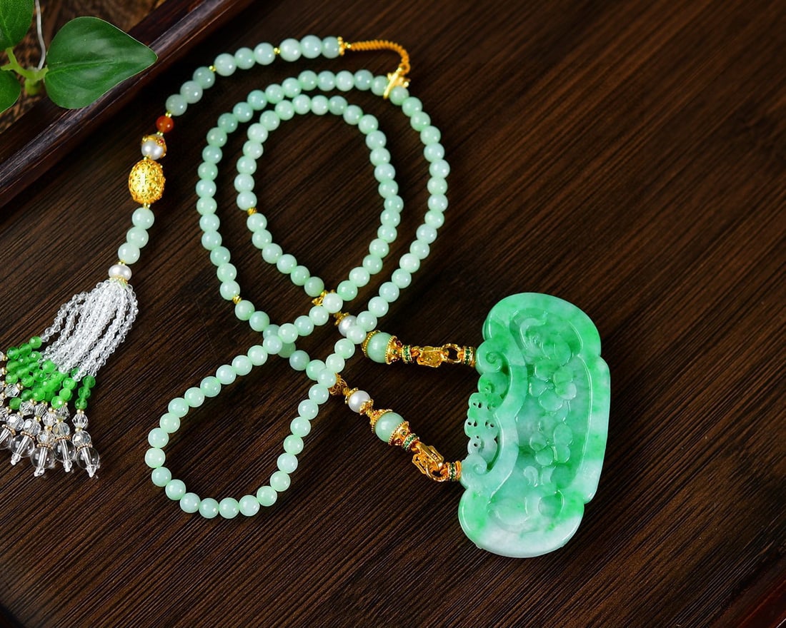 Green Jadeite Hand-Carved Flower Bird Pendant with Certificate - 5
