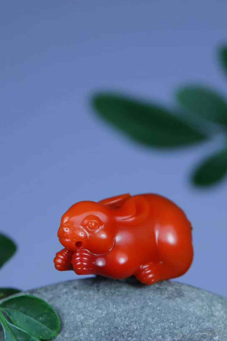 Nanhong Agate Hand-Carved Rabbit Pendant with Certificate - 2