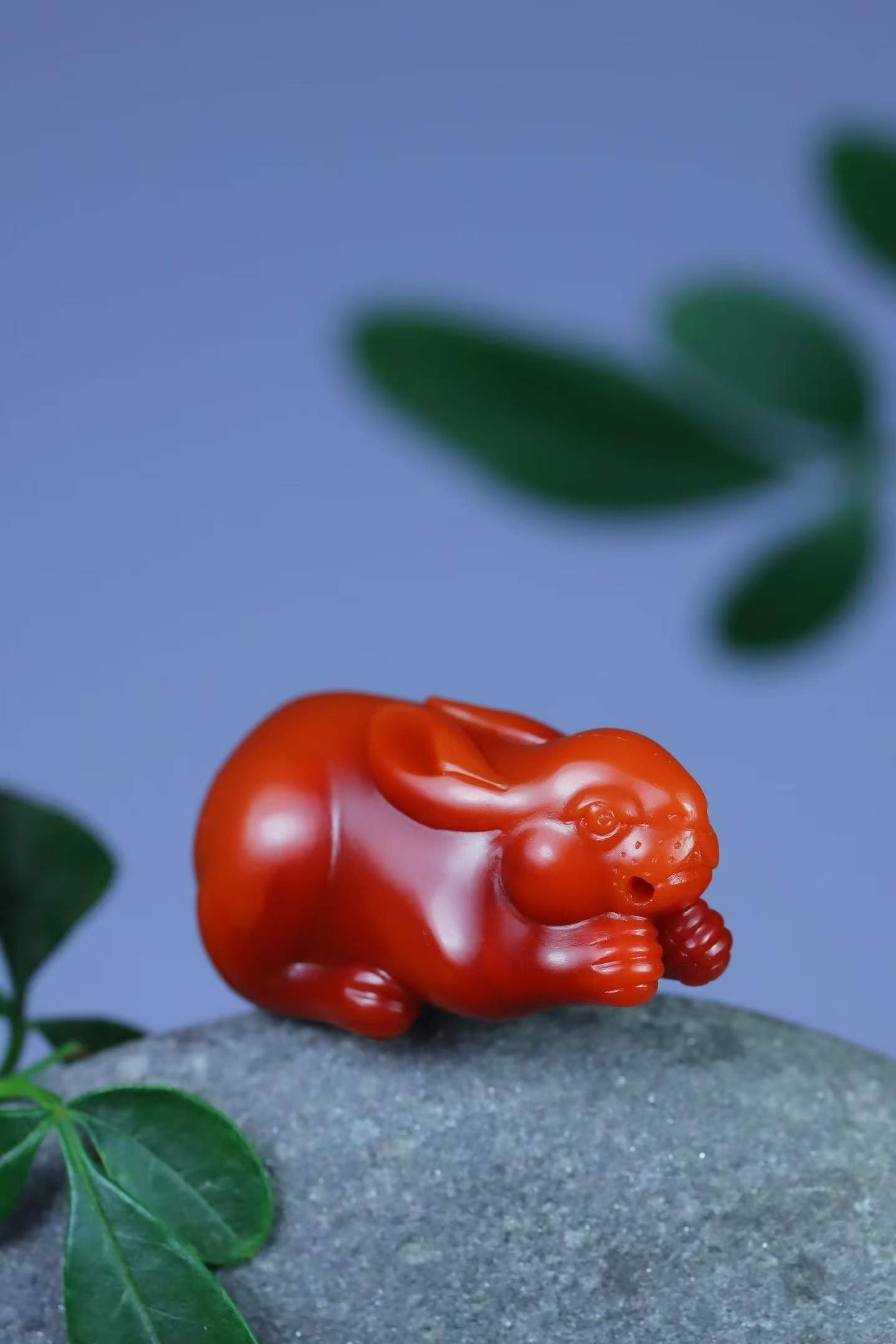 Nanhong Agate Hand-Carved Rabbit Pendant with Certificate - 3