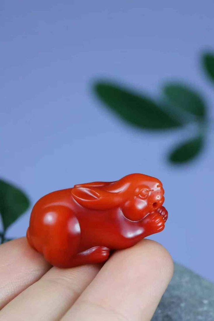 Nanhong Agate Hand-Carved Rabbit Pendant with Certificate - 6