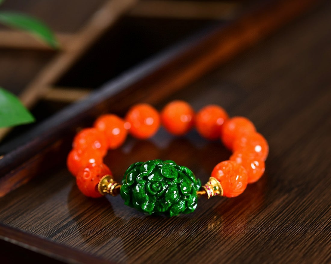 Red Jadeite Ball & Green Jadeite Flower Bracelet Bangle - 2